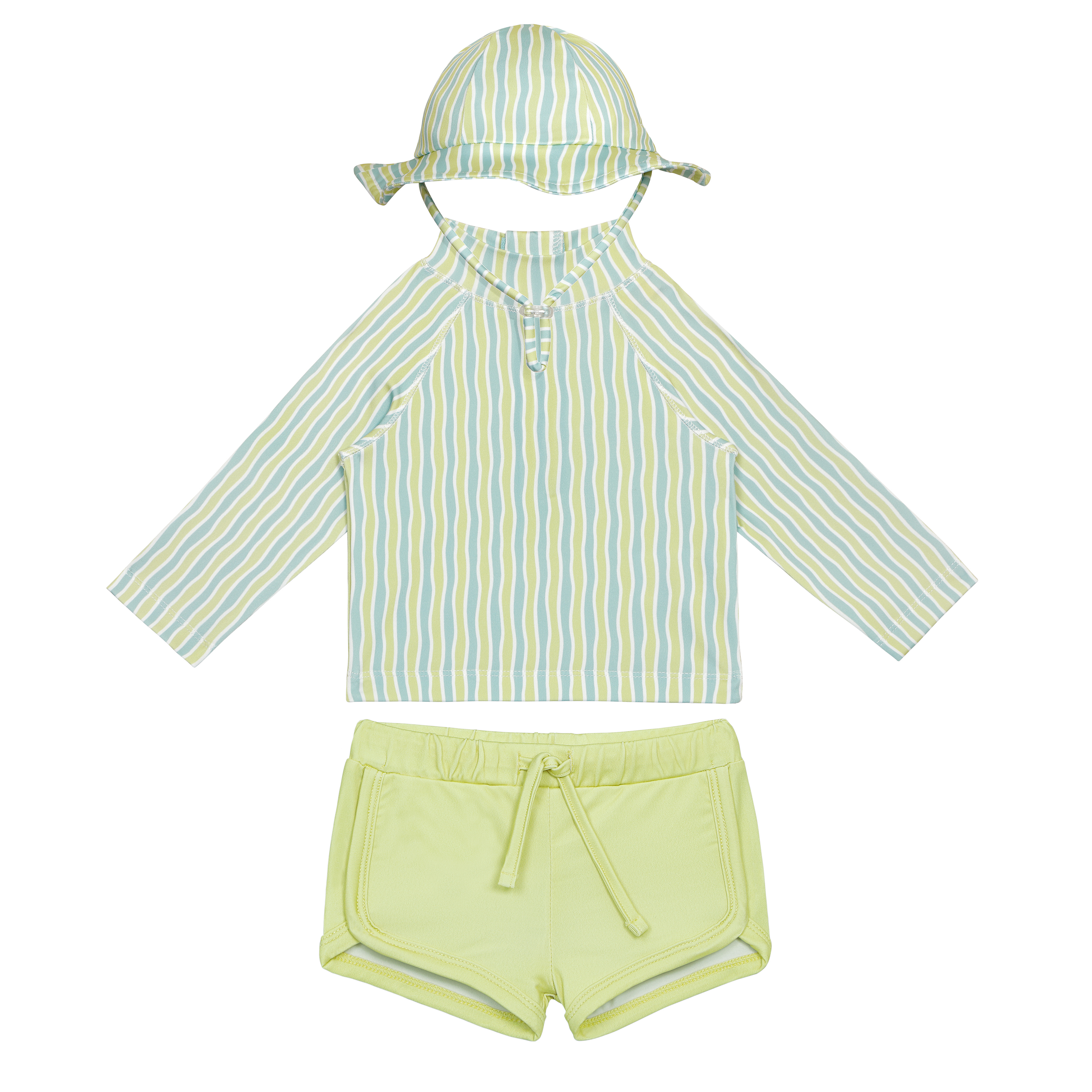 A 3 piece boys set with a long-sleeved striped shirt in lime green and white