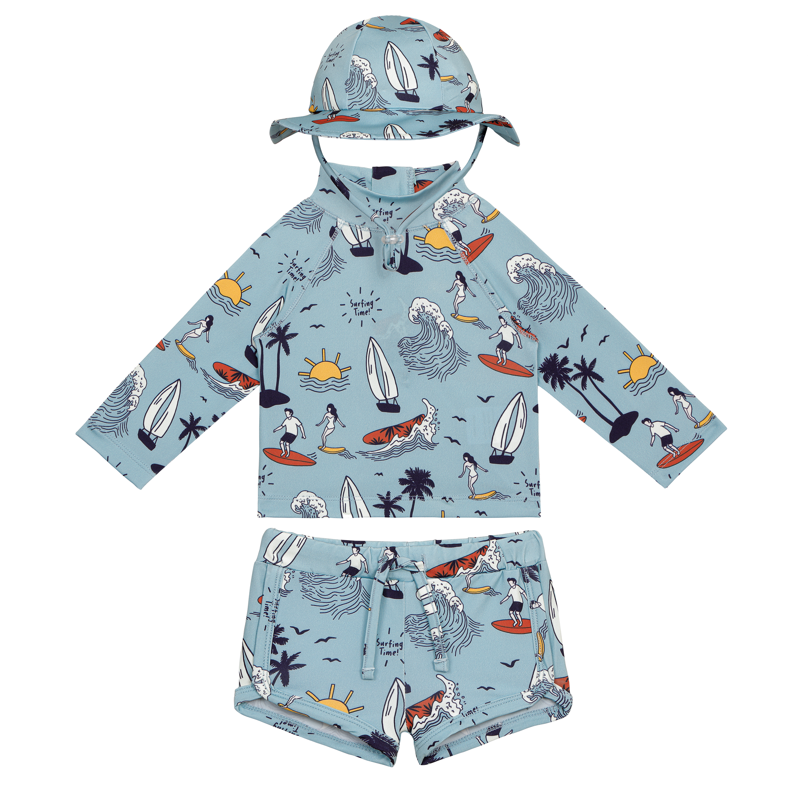 Swim set with a print of boats, palm trees, and beach scenes
