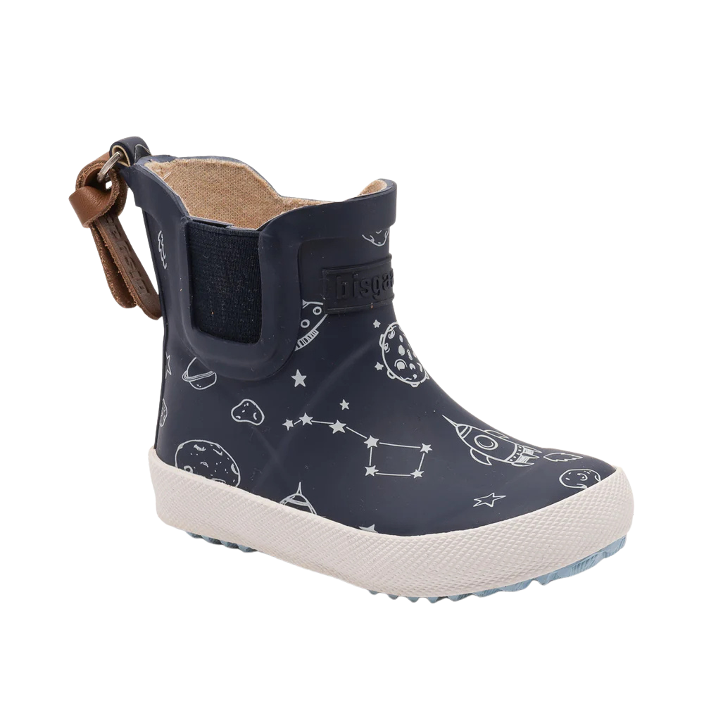 Navy blue children's rain boot with space-themed design