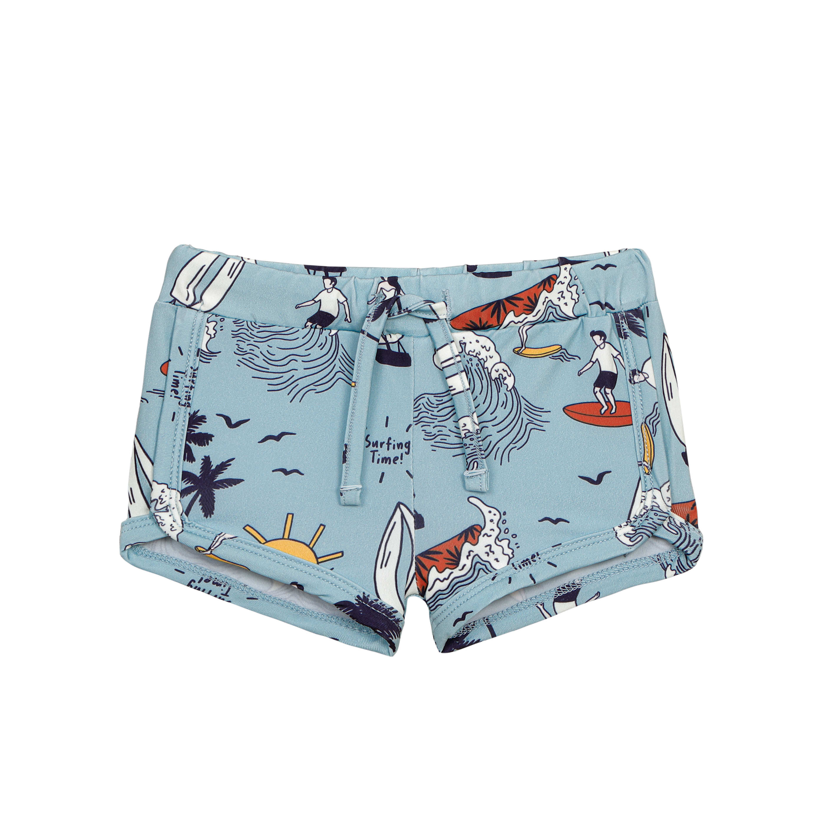 Light blue shorts with beach-themed illustrations