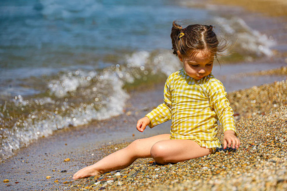 Girls swimwear set in honey mustard checkered pattern