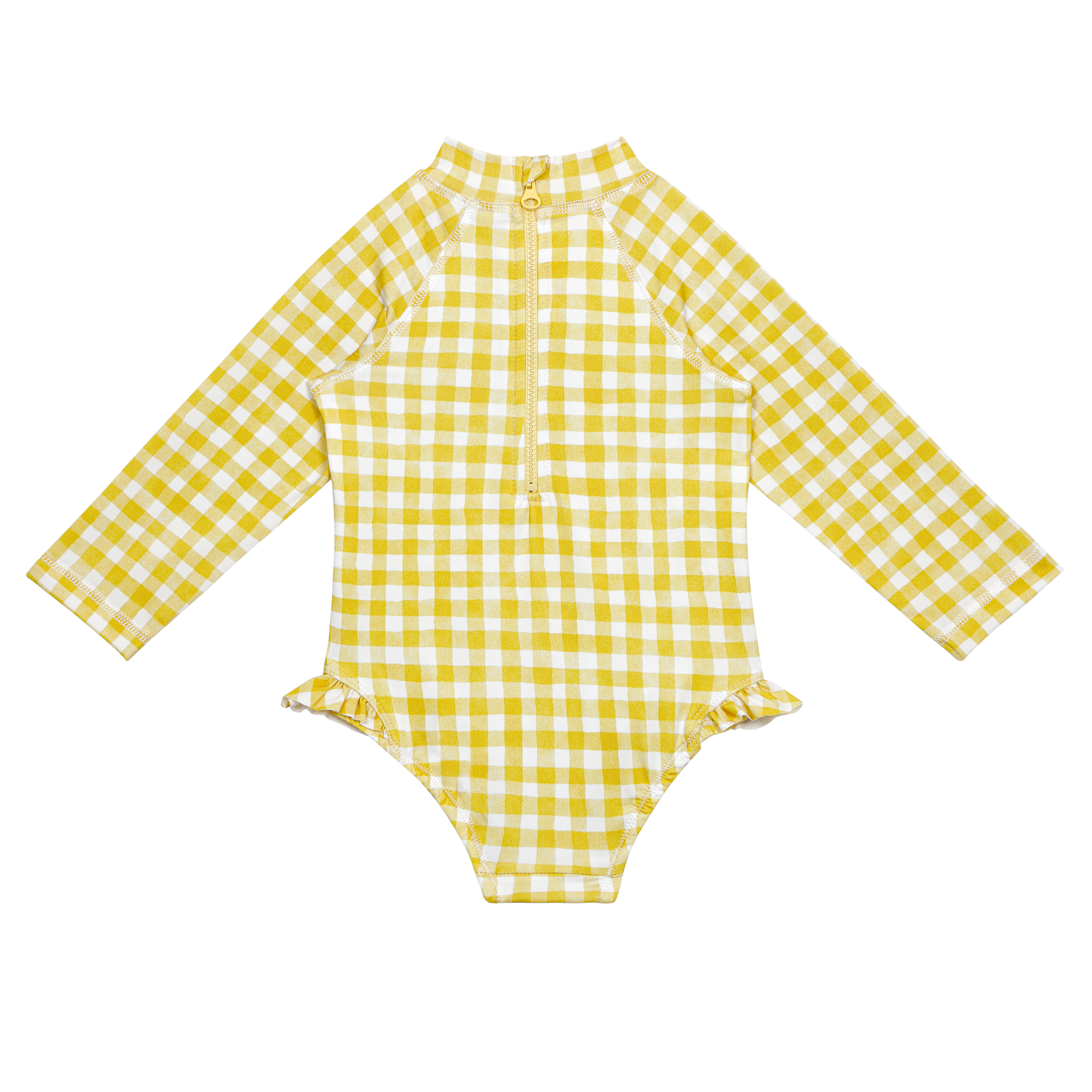 A kids long sleeve swimsuit for babies with a honey mustard yellow pattern.