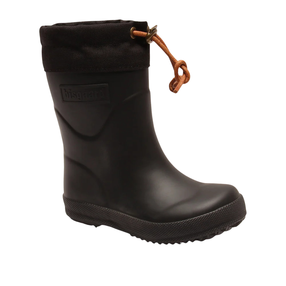 Black rubber boot with a drawstring
