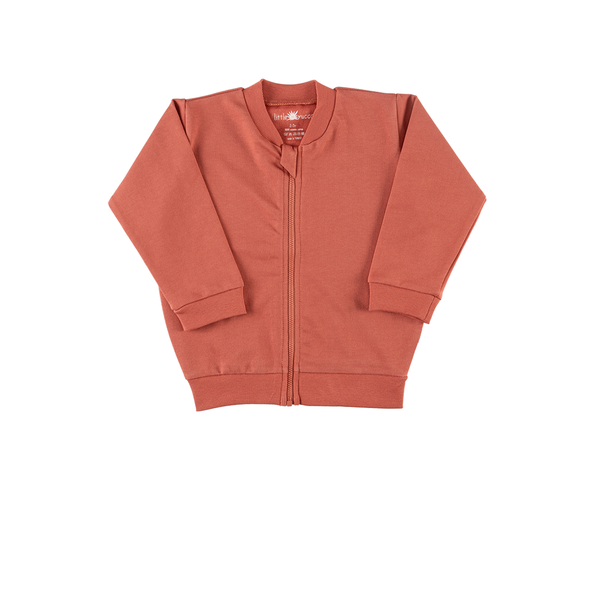A terracotta-colored bomber jacket with a zipper and neck protection piece
