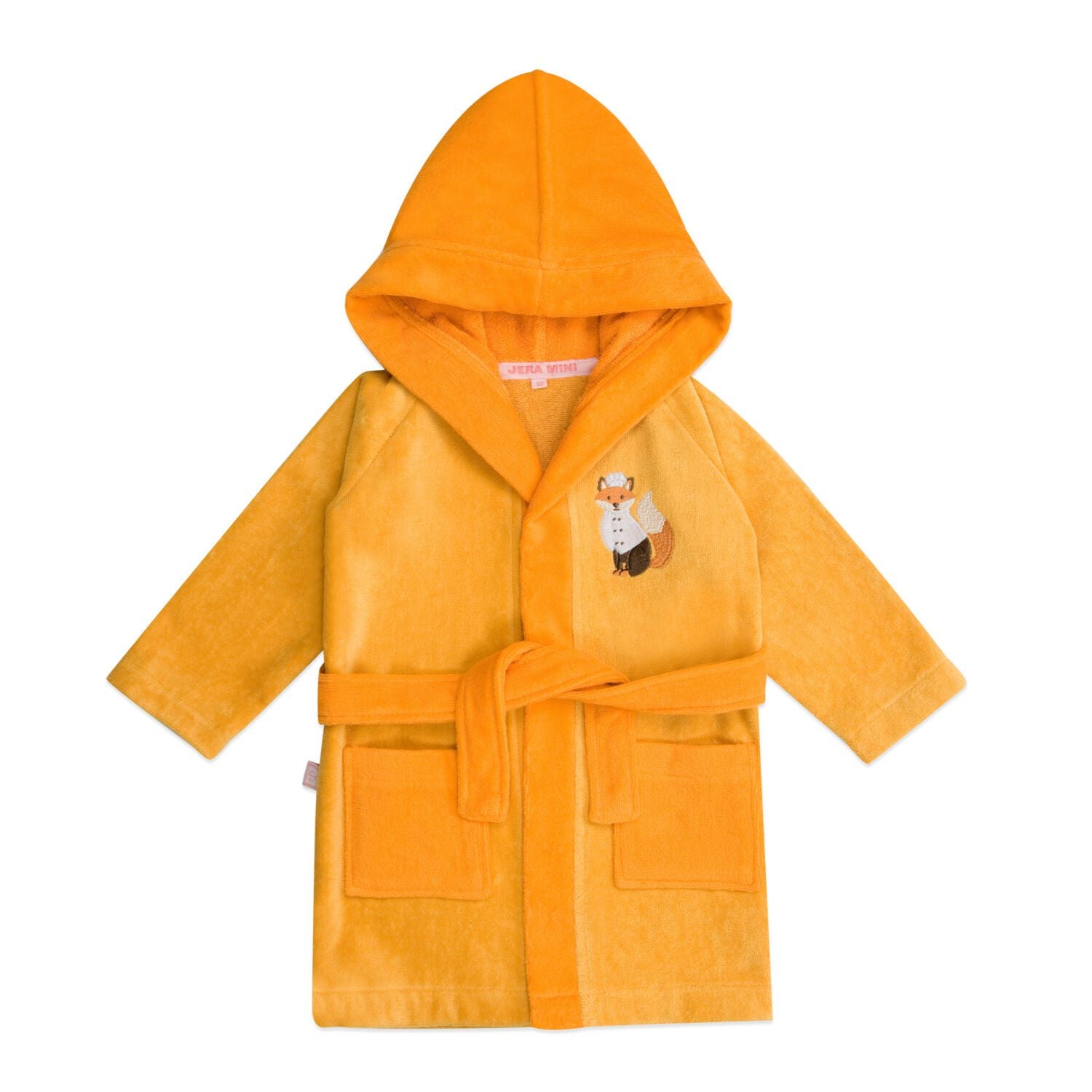 A yellow cotton velvet bathrobe with embroidered animal character