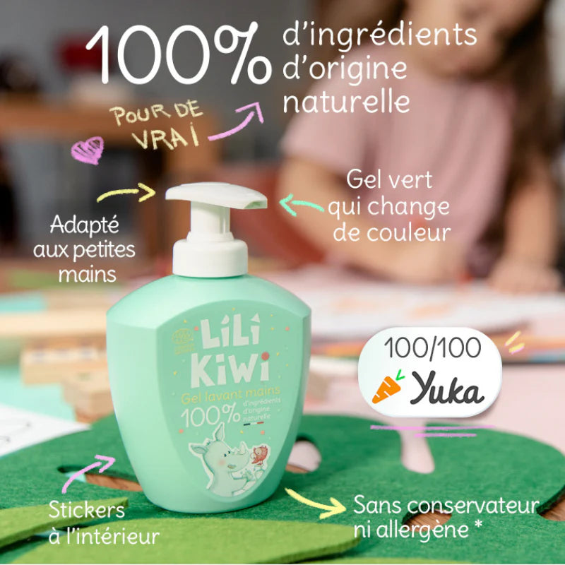 close-up of green hand soap gel bottle with explanatory labels