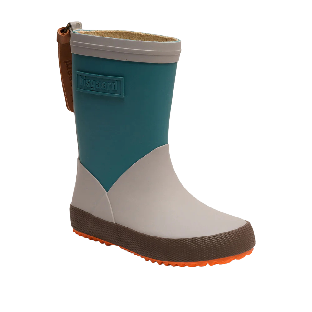 Blue and gray rain boot