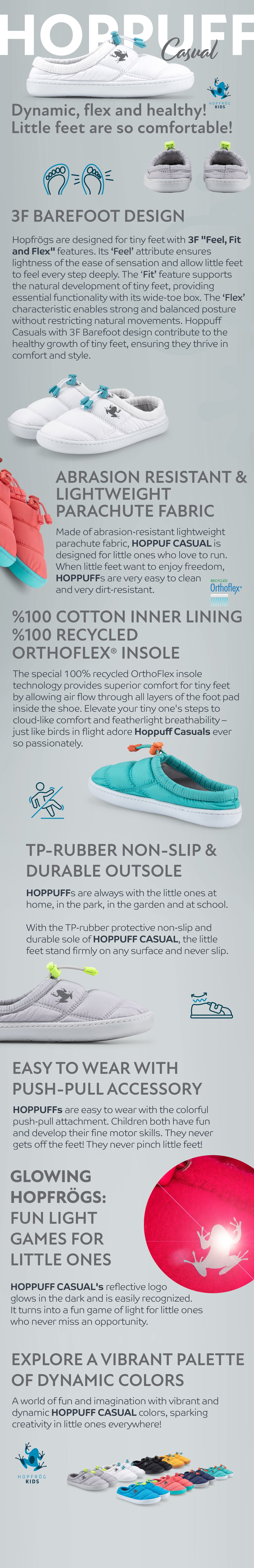 A pair of blue casual kids barefoot shoes with green details and a barefoot design specifications