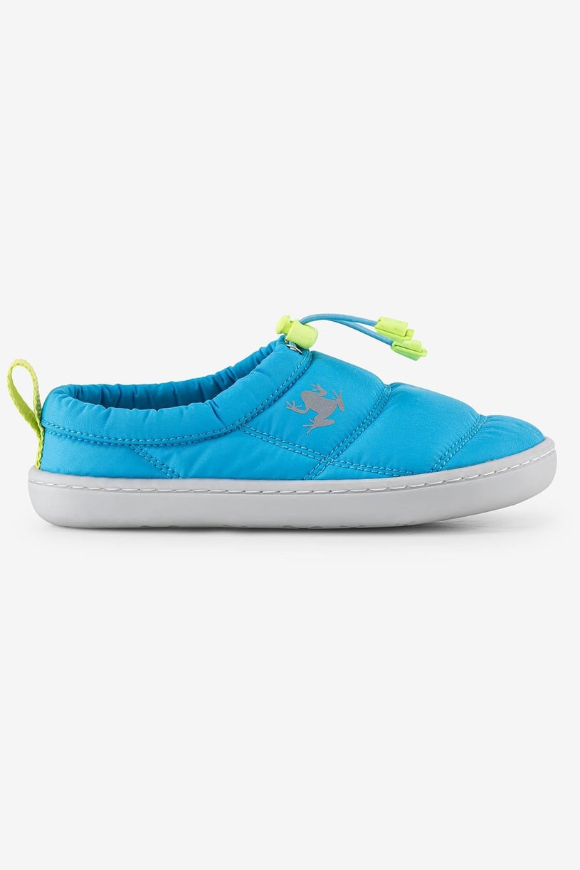 side view of a blue casual kids barefoot shoe
