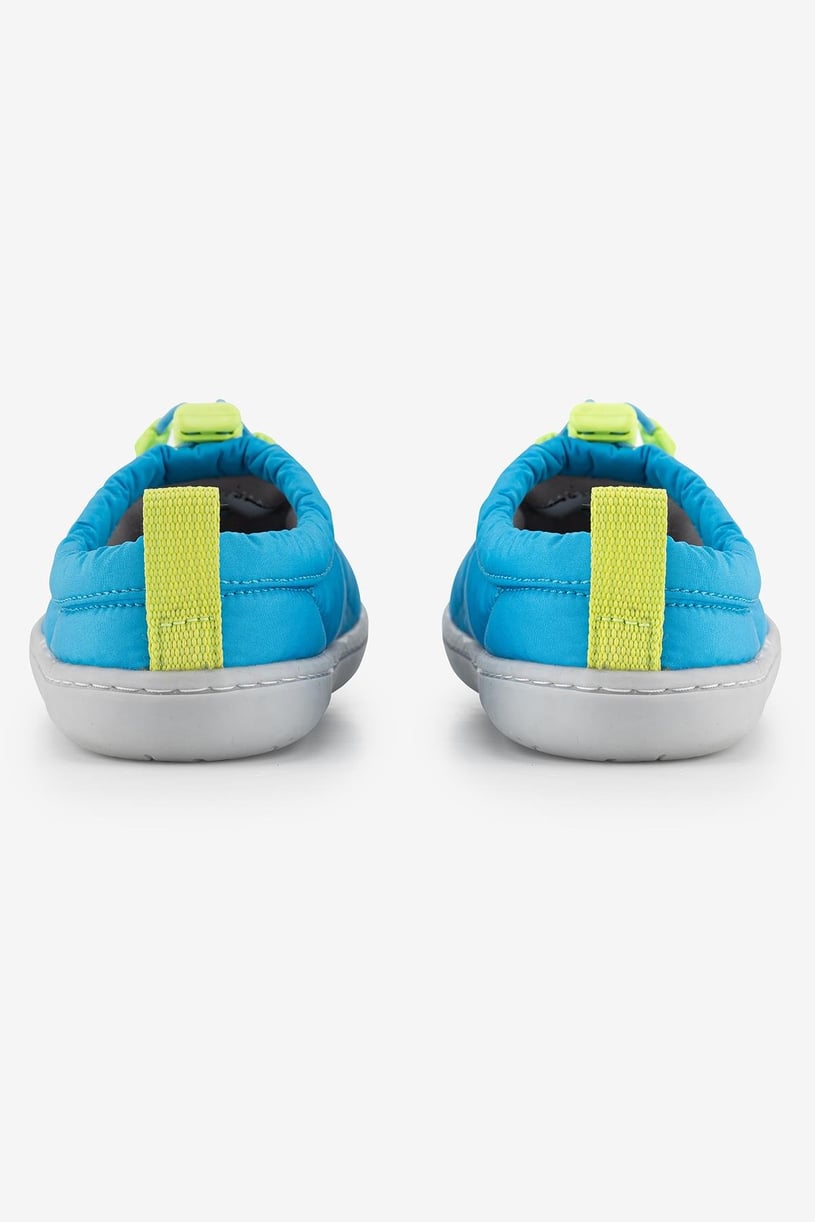 back view of A pair of blue casual kids barefoot shoes with green details and a barefoot design.