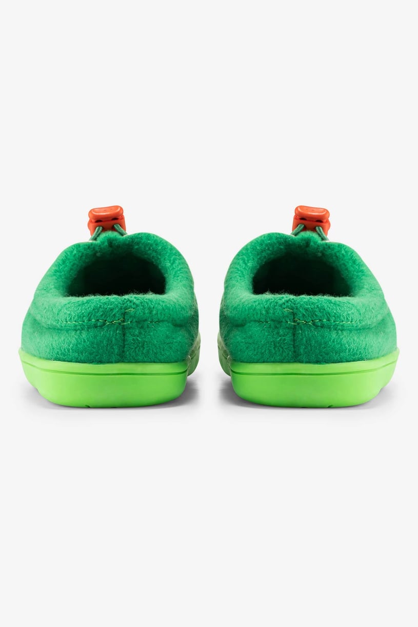 A pair of green barefoot shoes for kids with a logo and laces - back view