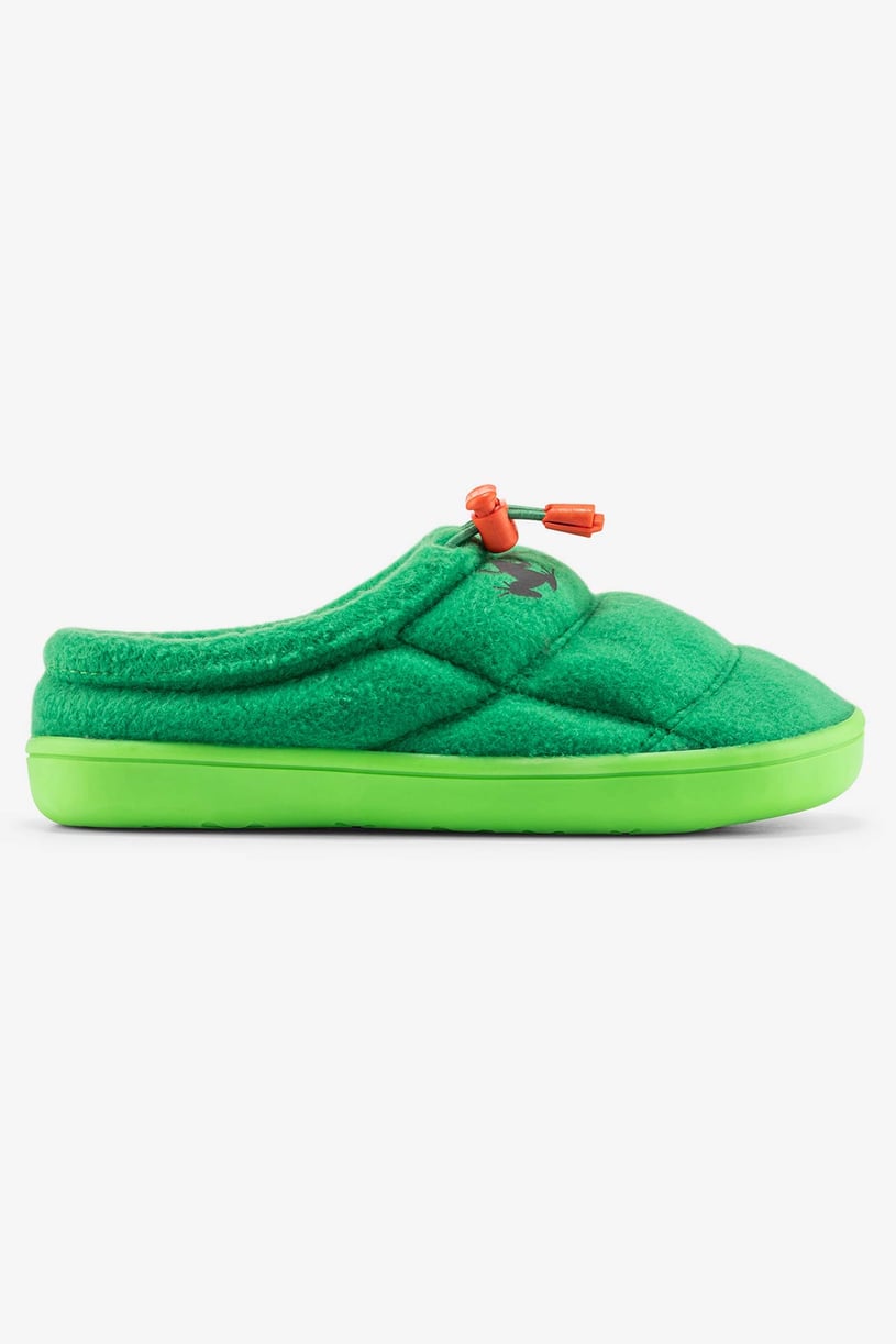 single green barefoot shoe for kids with a logo and laces - side view