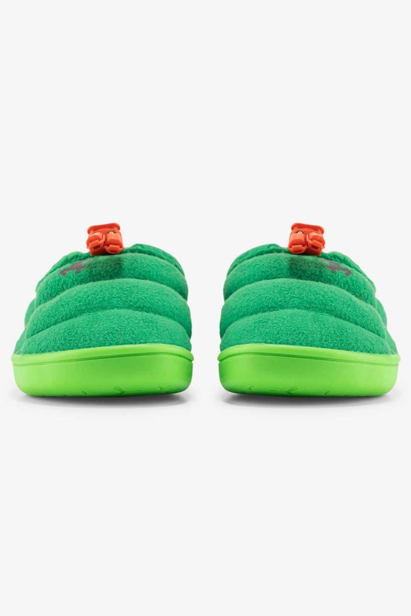 A pair of green barefoot shoes for kids with a logo and laces - back view