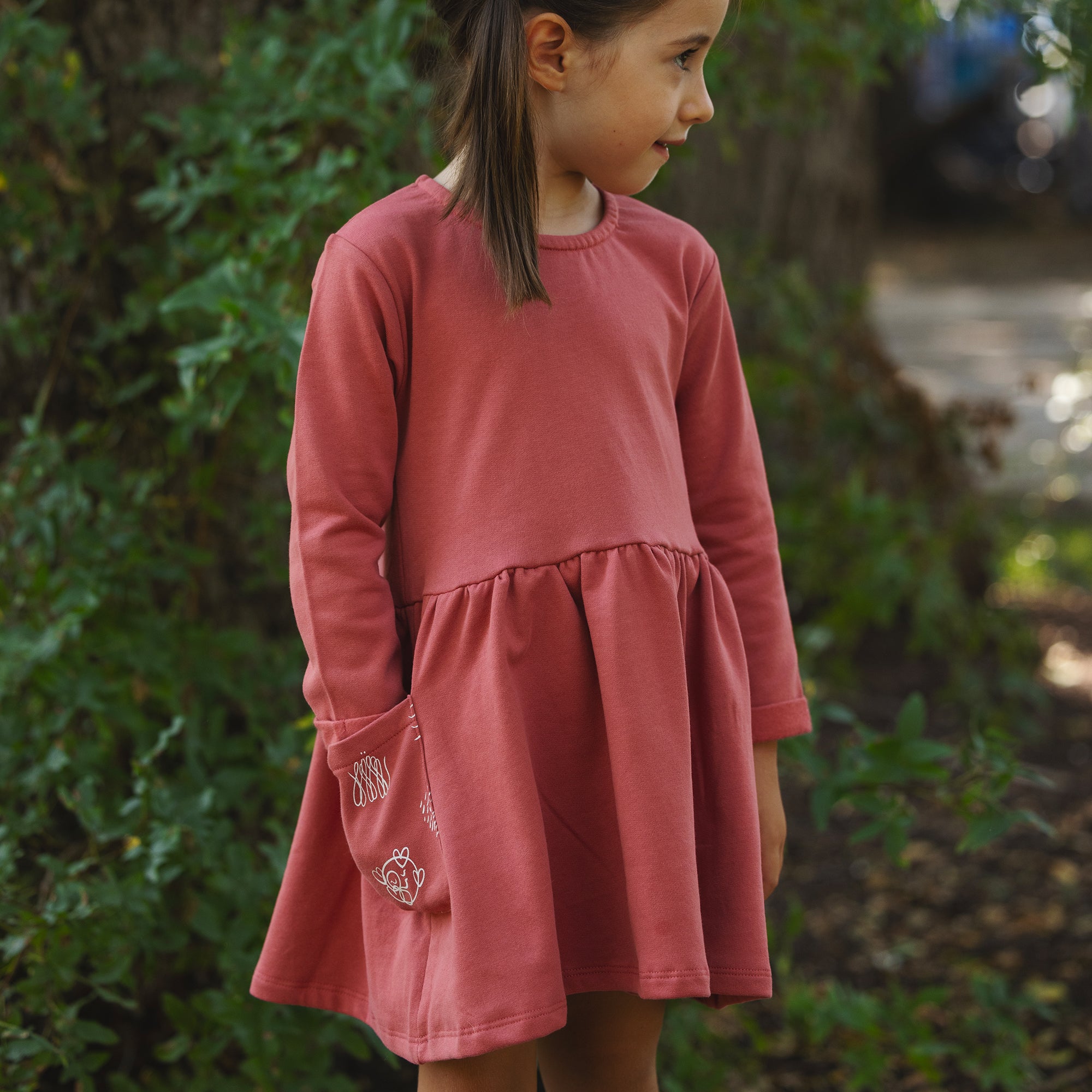 Soft organic cotton double fleece dress with snaps - cherry color.