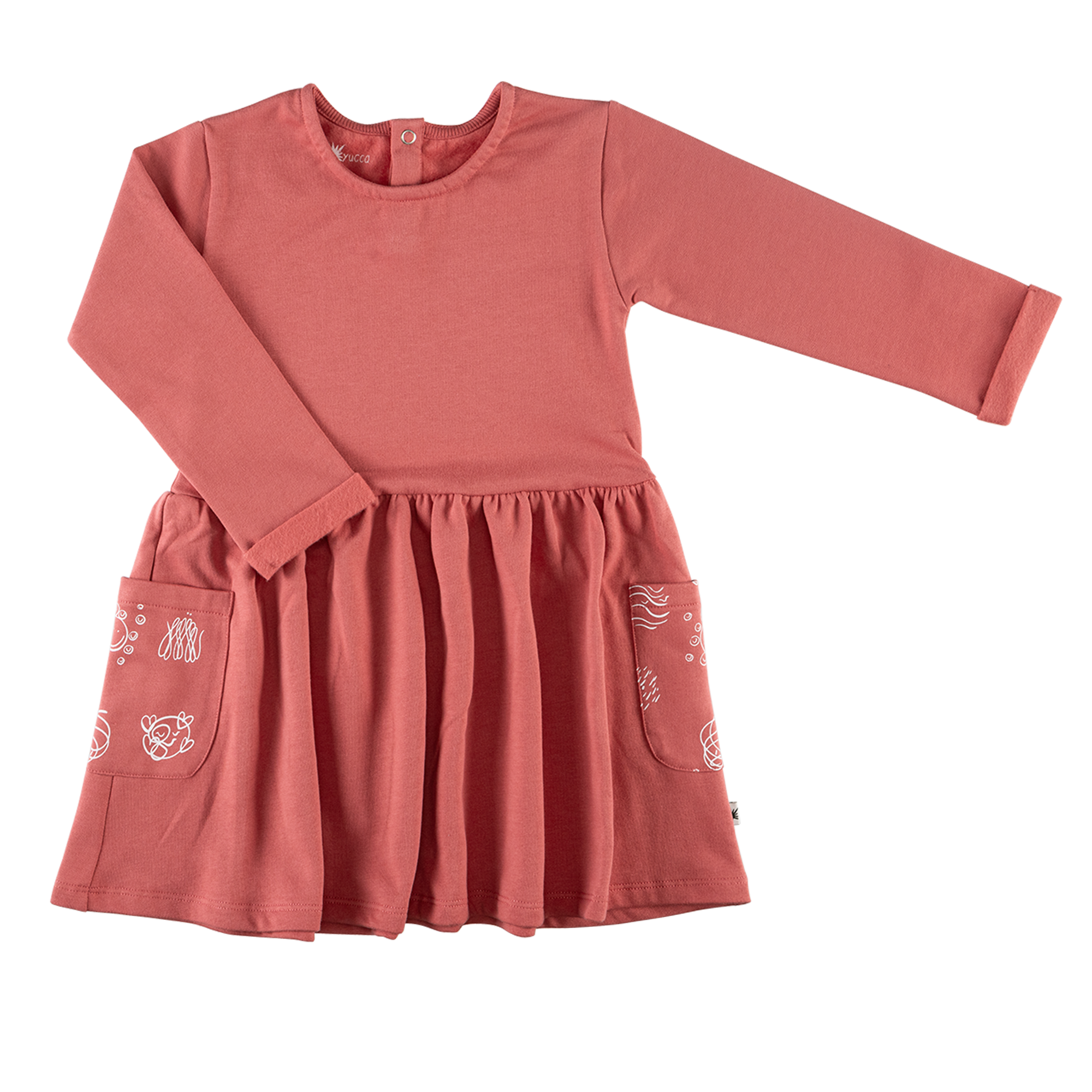 A cherry red double fleece dress with snaps at the back.