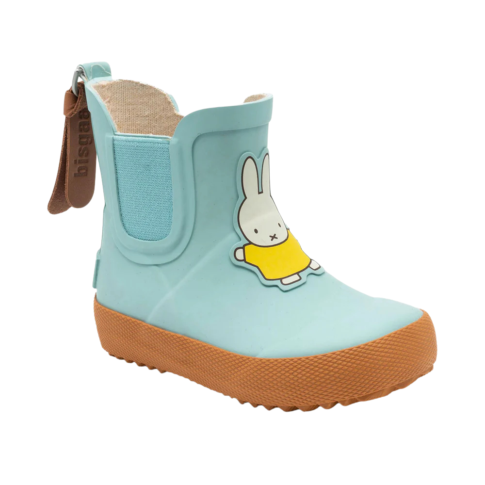 Light blue rain boot with brown sole featuring a cartoon character