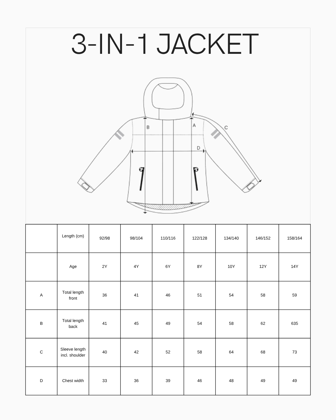 3-IN-1 JACKET Size Guide