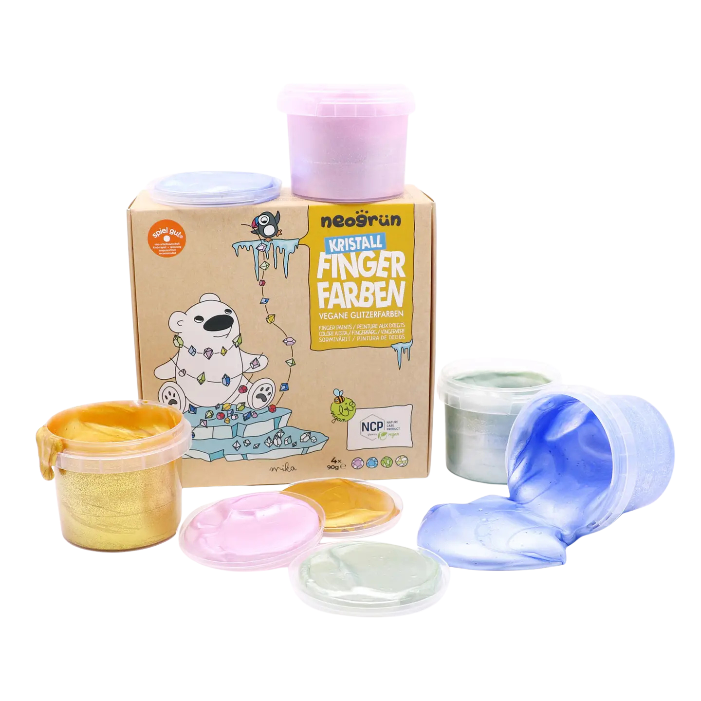 Lot de 4 peintures pour doigts en cristal « Mika » - Couleurs organiques scintillantes