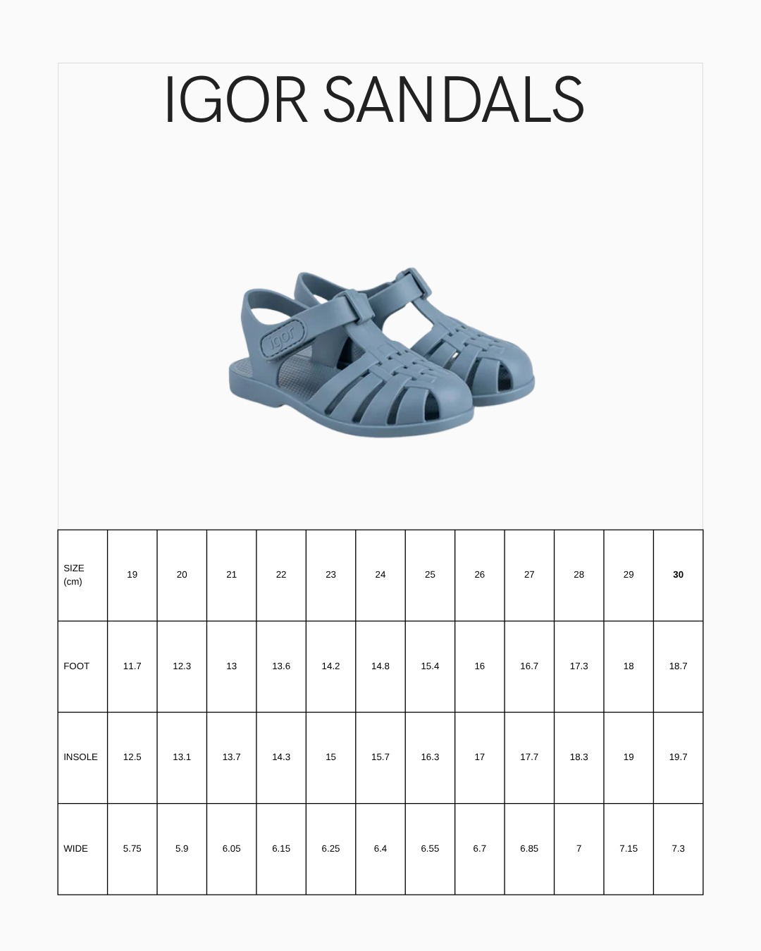 IGOR SANDALS Size Guide