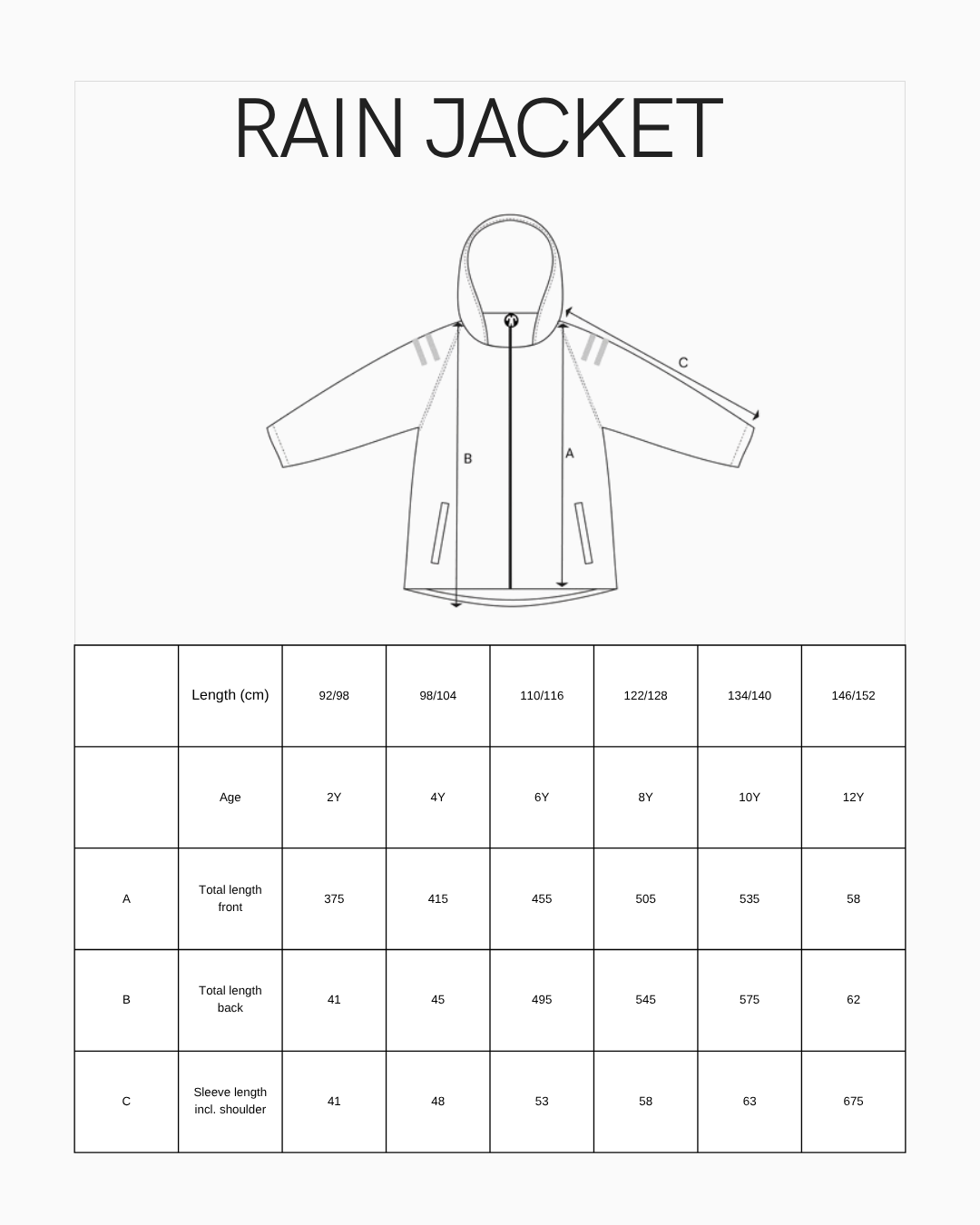 RAIN JACKET Size Guide