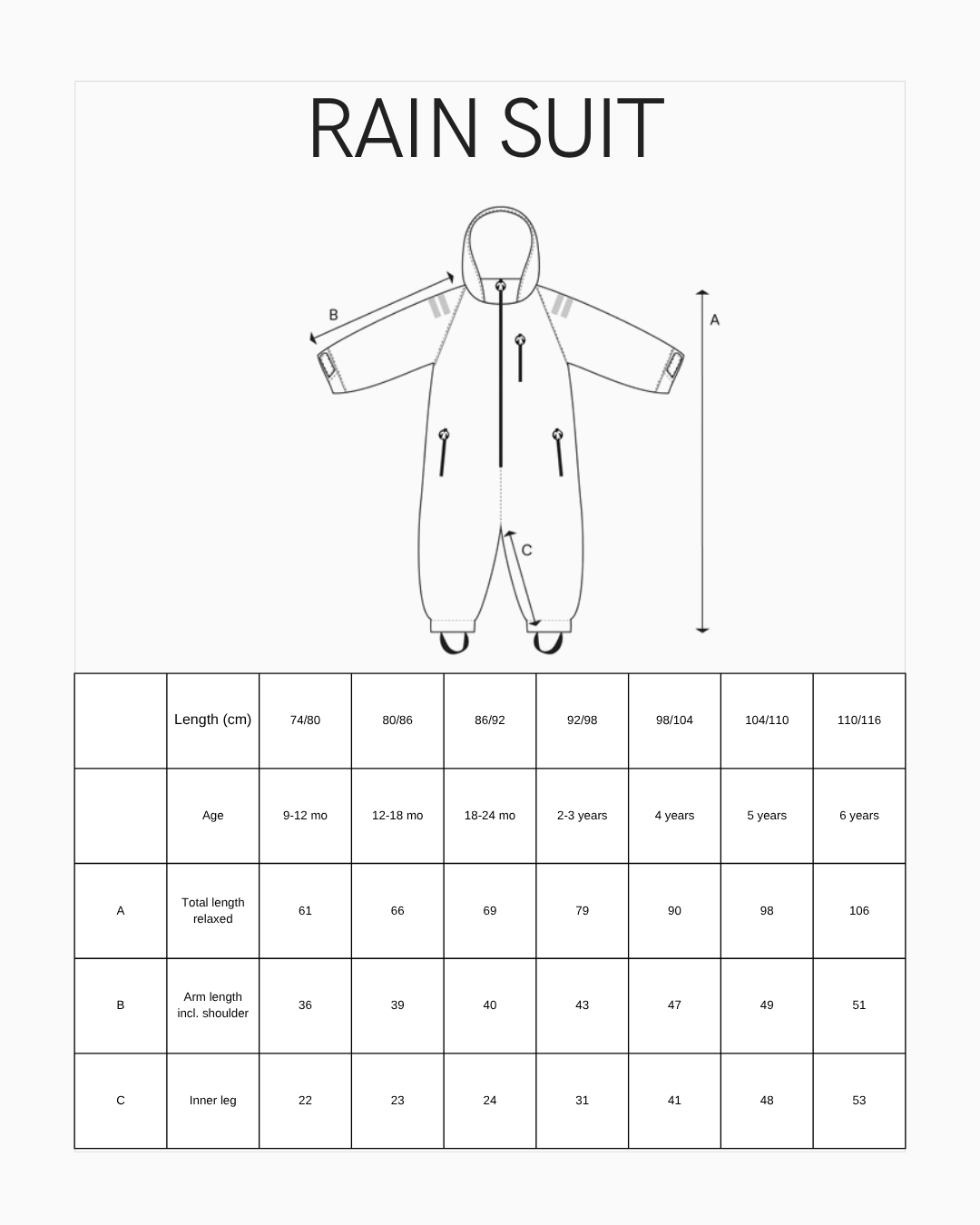 RAIN SUIT Size Guide