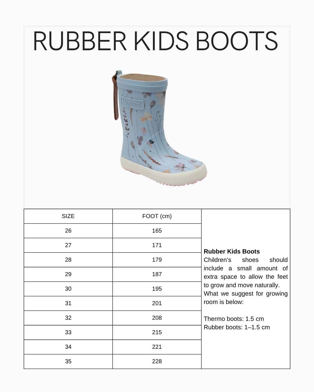 RUBBER KIDS BOOTS Size Guide