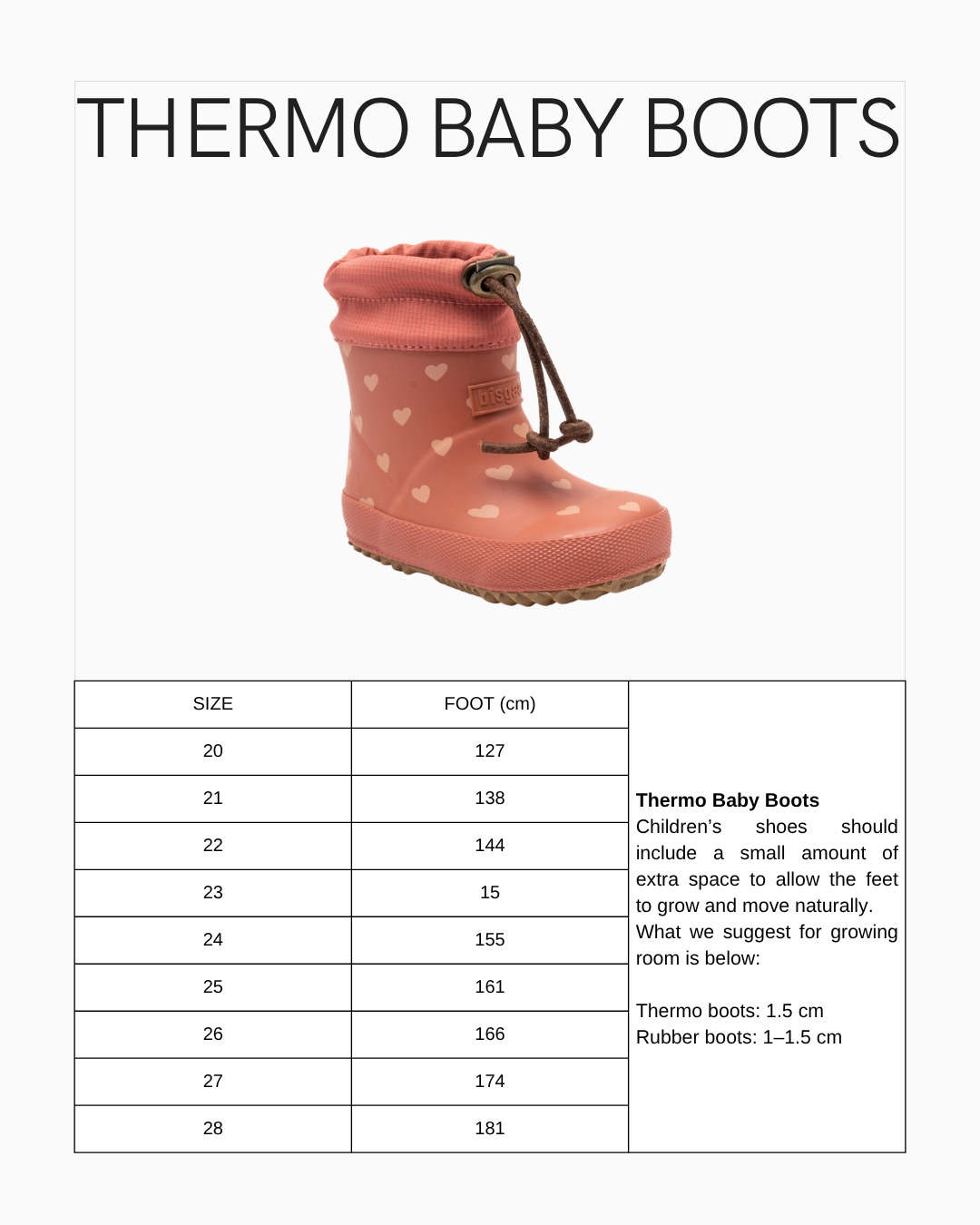 THERMO BABY BOOTS Size Guide